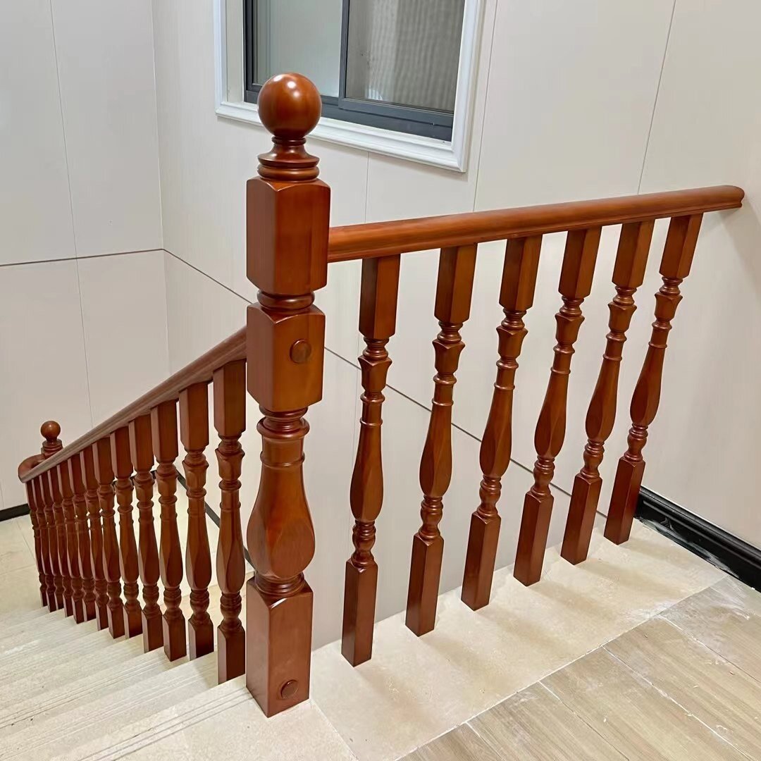 别墅自建房雕花菠萝格新中式原木简约现代复式护栏楼梯实木扶手