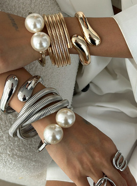 欧美叠戴风抱抱水滴光面手镯女 时尚潮流ins缠绕合金Bracelet套装