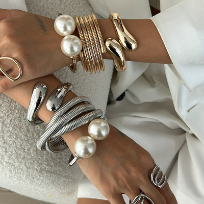 欧美叠戴风抱抱水滴光面手镯女 时尚潮流ins缠绕合金Bracelet套装