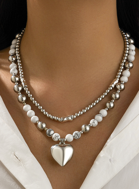 2件套桃心CCB仿松石珠子项链套装欧美新潮时尚网红气质叠戴锁骨链