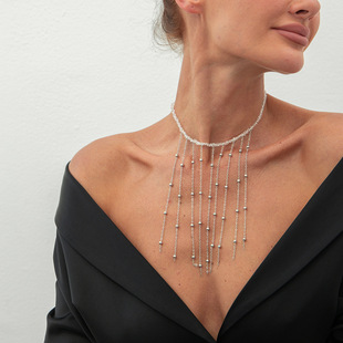 三角水晶流苏珠子链项链女 欧美简约潮流时尚网红T台走秀配饰品