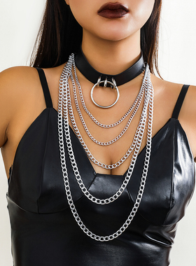 夸张多层链条黑色PU皮项圈