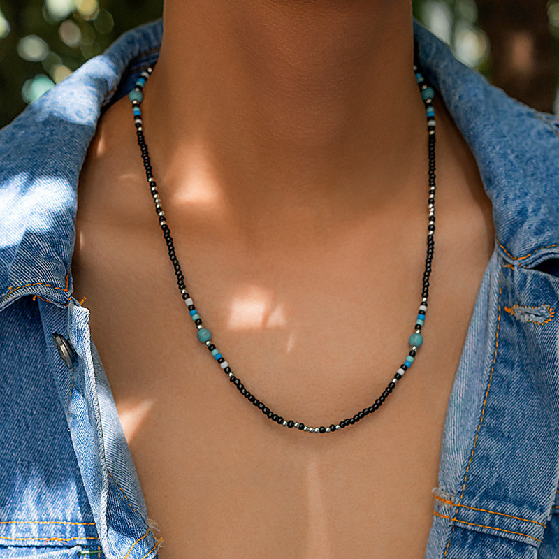 男款复古仿松石米珠项链欧美新款波西米亚夏季优雅气质颈链配饰品