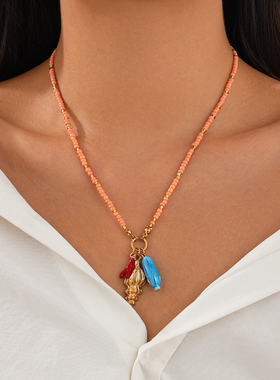 海螺小鱼吊坠米珠项链女2026春夏时尚百搭网红海边旅行度假配饰品