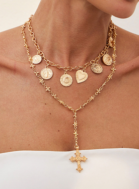 2件套桃心十字架项链套装 欧美个性时尚模特舞台走秀搭配饰品潮人