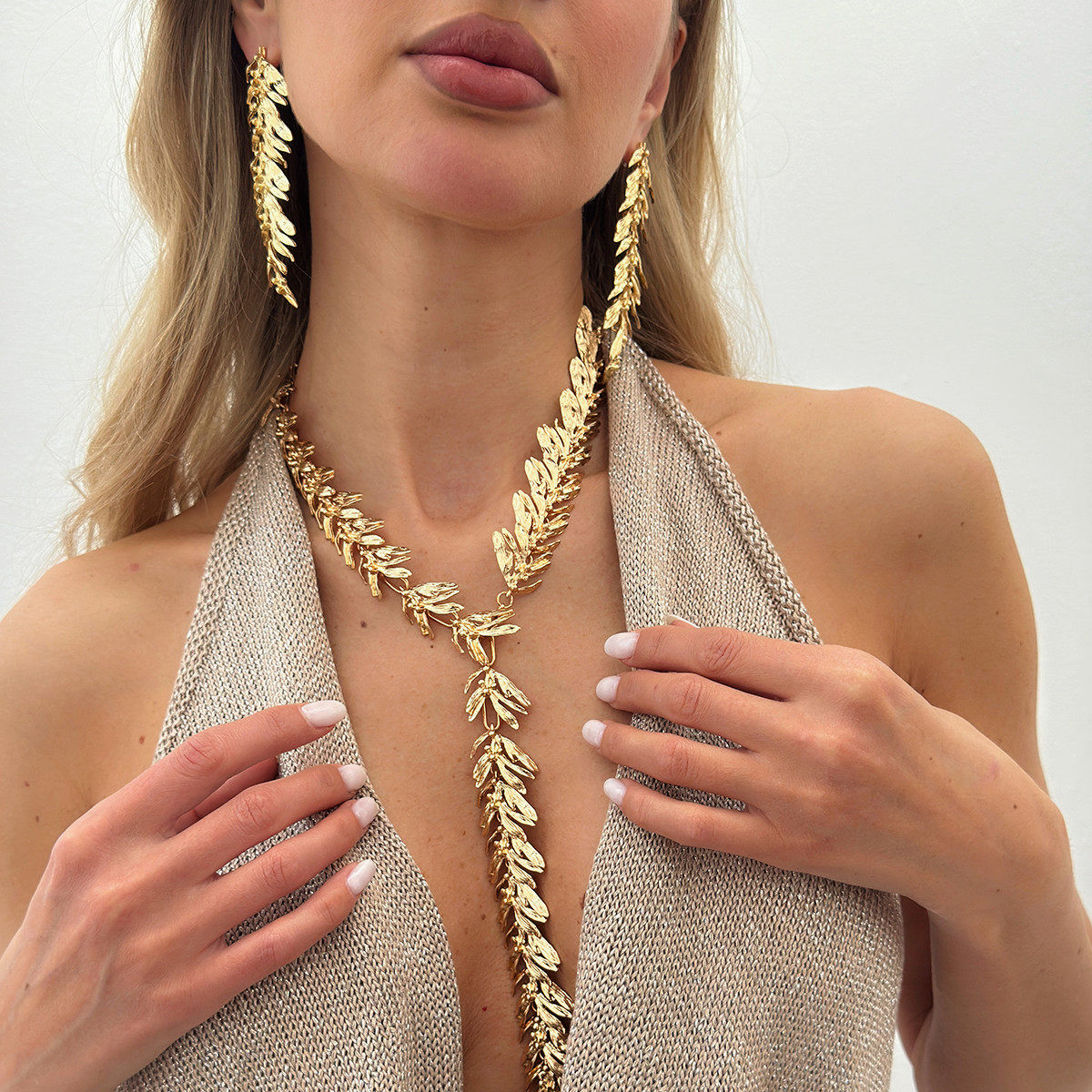 金属麦穗拼接耳钉项链女 区美2026春夏潮时尚设计款深V长坠锁骨链