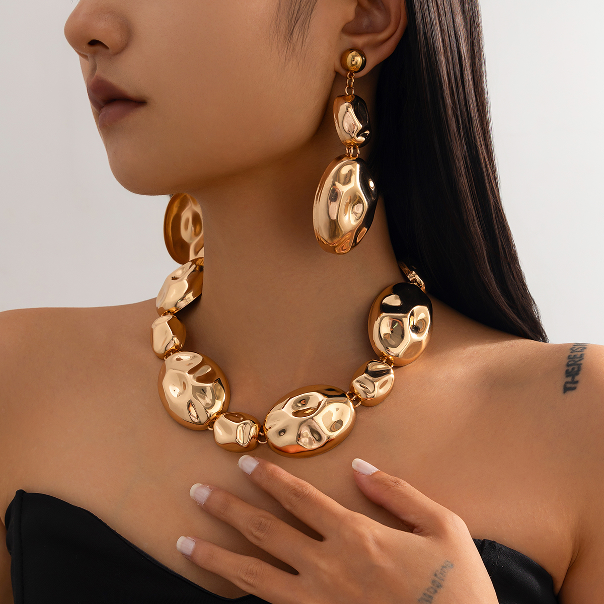 金属不规则凹凸耳钉项链女欧美时尚嘻哈潮流个性网红气质旅拍饰品