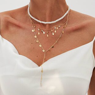 3件套仿珍珠圆片链项链套装 欧美冬季新款时尚网红气质叠戴锁骨链