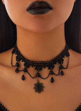 黑色水晶圆珠蕾丝项链女 欧美复古新款个性网红气质锁骨链潮人
