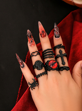 9件套骷髅头红宝石戒指套装