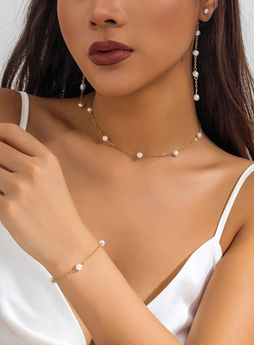 仿珍珠耳钉手链项链套装