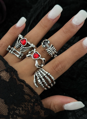 复古桃心十字架玫瑰花戒指套装 欧美2025秋冬万圣节嘻哈潮流饰品