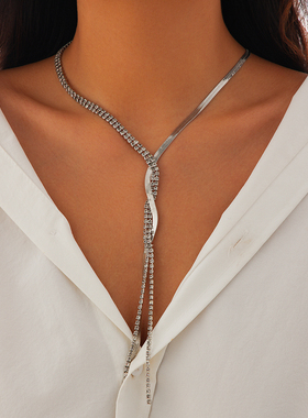 不对称设计编织扁蛇骨链爪链项链女 欧美潮时尚礼服深V长坠配饰品