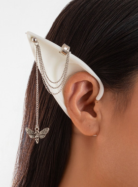 欧美跨境精灵耳挂无耳洞橡胶耳夹女 潮酷链条流苏耳饰品earring