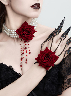 红色玫瑰花朵连指手链女 欧美万圣节暗黑系网红节日派对搭配饰品