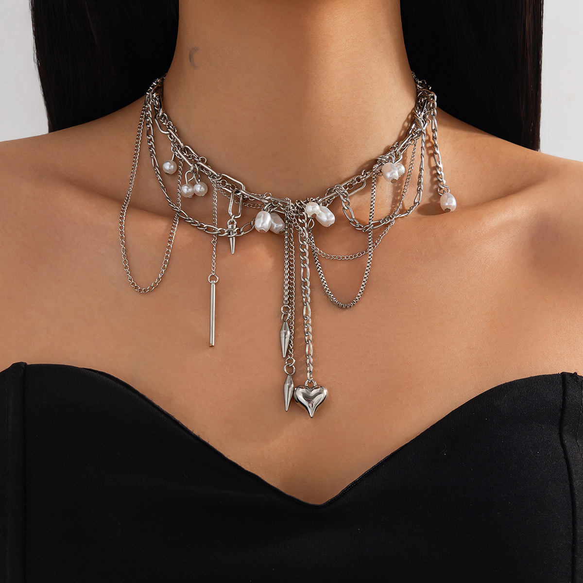 桃心吊坠铆钉十字链项链女 欧美2026春季潮流嘻哈时尚网红锁骨链