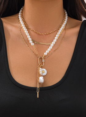 (不可拆开)多层仿珍珠扁蛇骨链项链女新潮时尚个性网红拍照配饰品