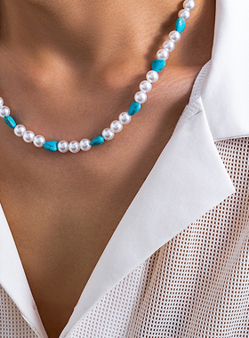 男款桃心仿松石珍珠项链潮人款