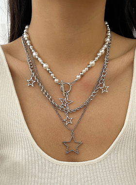 3件套五角星仿珍珠磨链项链套装 新潮嘻哈时尚搭配服装叠戴锁骨链