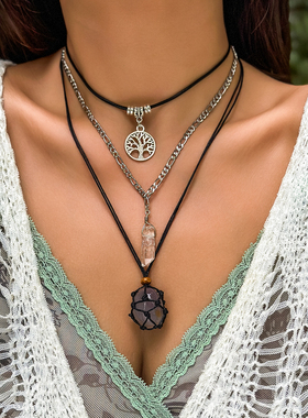 水晶小树石头蜡线项链套装