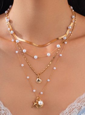 4件套仿珍珠扇贝扁蛇骨链项链套装 欧美时尚性感百搭网红旅拍饰品