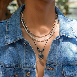 男款3件套指南针仿珍珠项链套装 欧美夏季时尚帅酷街头约会配饰品