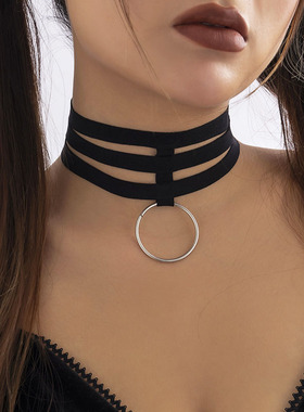 圆圈多层黑色弹力绳项链