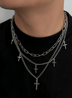 男款3件套五角星十字架项链套装 欧美嘻哈小众叠戴锁骨链男士项饰