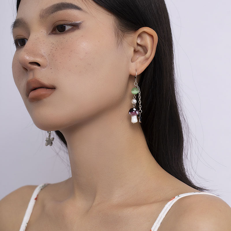 不对称云珠蝴蝶蘑菇吊坠耳环女 欧美时尚可爱ins个性网红气质耳饰