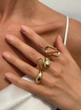 3件套不规则光几何光面戒指套装 欧美冬季个性小众设计感街拍饰品