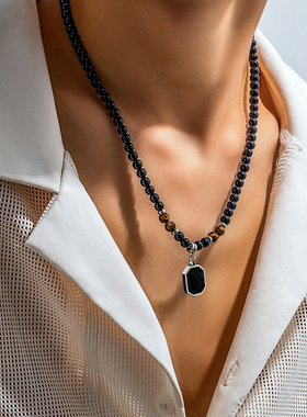 男款虎石珠子宝石吊坠项链