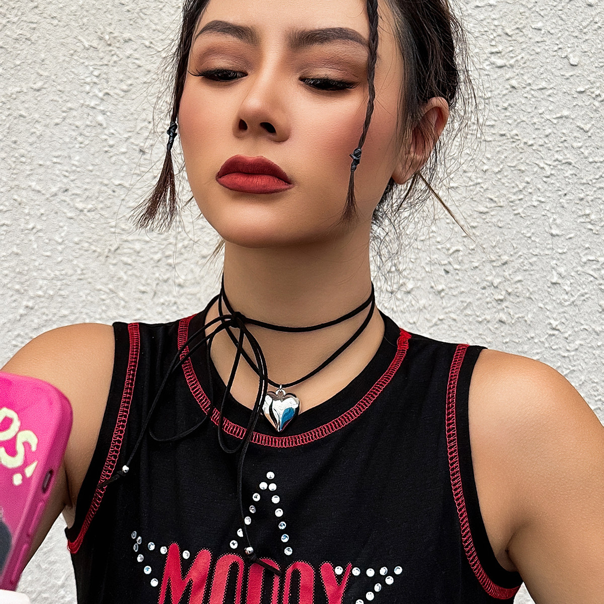 桃心自由打结绒绳项链女 欧美冬季性感时尚百搭出逛约会搭配饰品