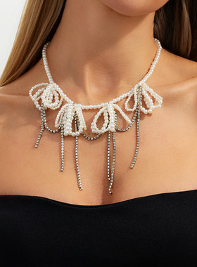 流苏镶钻蝴蝶结仿珍珠项链女欧美2026新潮时尚个性小众设计锁骨链