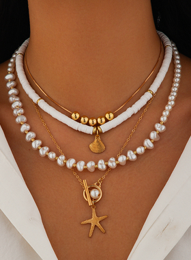 4件套仿珍珠软陶CCB蛇骨链项链套装 夏季新潮网红叠戴多层锁骨链