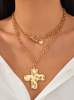 2件套十字架OT扣项链套装 欧美新潮嘻哈时尚网红百搭叠戴锁骨链