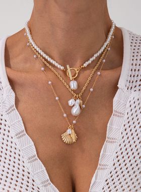 3件套扇贝仿珍珠麻花链项链套装 欧美潮时尚女生海滩度假搭配饰品