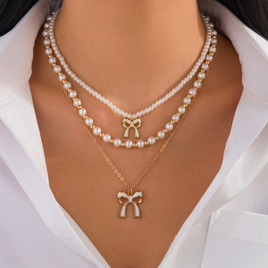 3件套蝴蝶结吊坠项链necklace欧美跨境可爱甜酷ins风仿珍珠项饰女