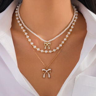 3件套蝴蝶结吊坠项链necklace欧美跨境可爱甜酷ins风仿珍珠项饰女