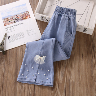 子夏季 开叉高腰儿童女孩微喇叭裤 薄款 洋气九分裤 天丝牛仔裤 女童裤