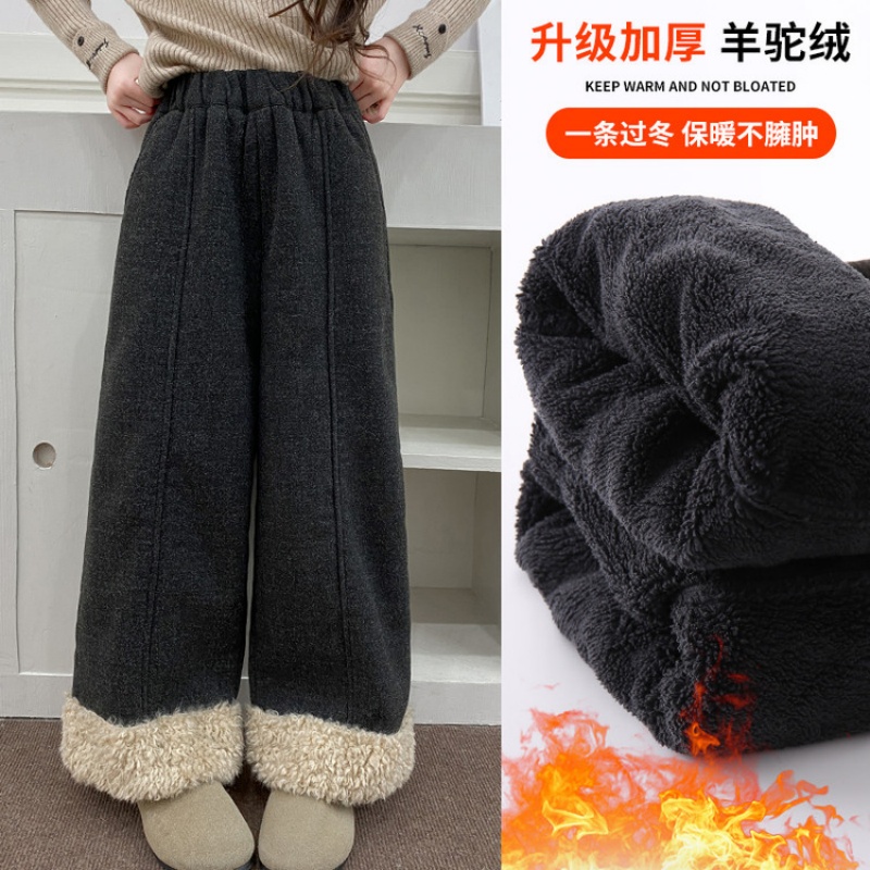 一条过冬裤子女童加绒阔腿毛呢裤