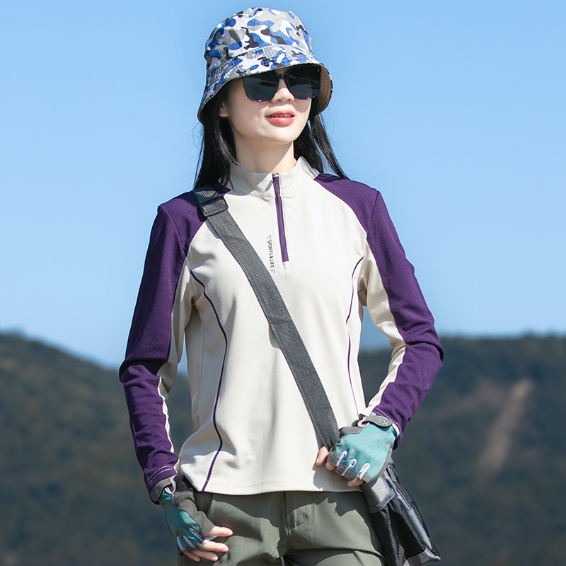 速干t恤女春秋季立领长袖打底衫户外运动衫健身跑步登山徒步上衣