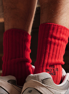 秋冬季大红色个性潮袜男粗线粗针堆堆袜本命年新年过年红袜中筒袜