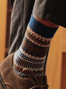 蓝色英伦风民族风商务袜男款纯棉中筒袜秋冬复古个性潮流高帮长袜