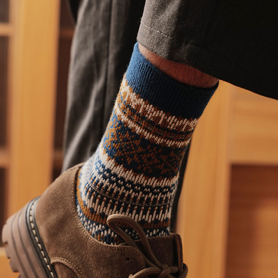 蓝色英伦风民族风商务袜男款纯棉中筒袜秋冬复古个性潮流高帮长袜