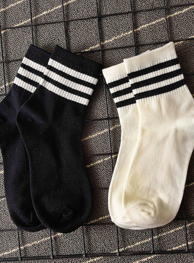3双条纹三杠三条中筒袜子男女情侣纯棉运动袜秋冬季街拍潮流潮袜