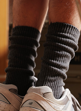 秋冬季加厚款粗线粗针织高帮户外运动袜男深灰色堆堆袜长筒小腿袜