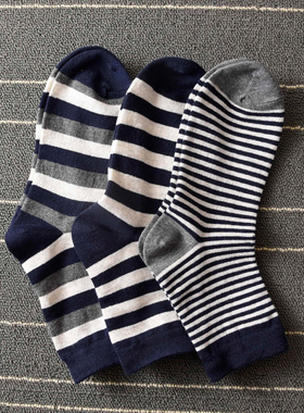 3双男士纯棉条纹商务袜秋冬新款潮流中腰袜精梳棉个性运动中筒袜