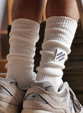 潮牌男士高帮高筒布标小腿袜个性双针堆堆袜白色日系潮流长筒长袜