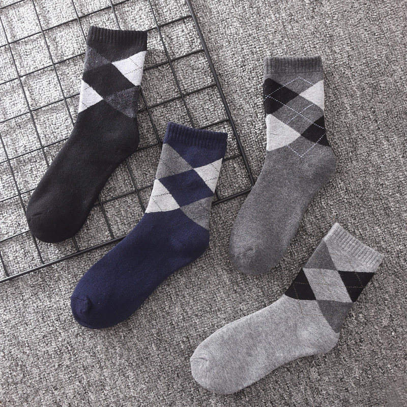 中筒袜男士纯棉毛圈保暖菱形