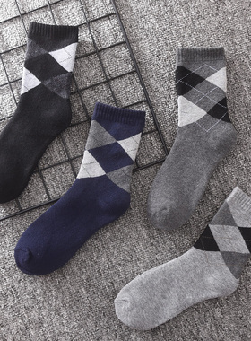 冬天加绒加厚毛巾袜子男士纯棉毛圈保暖长袜秋冬季菱形毛绒中筒袜